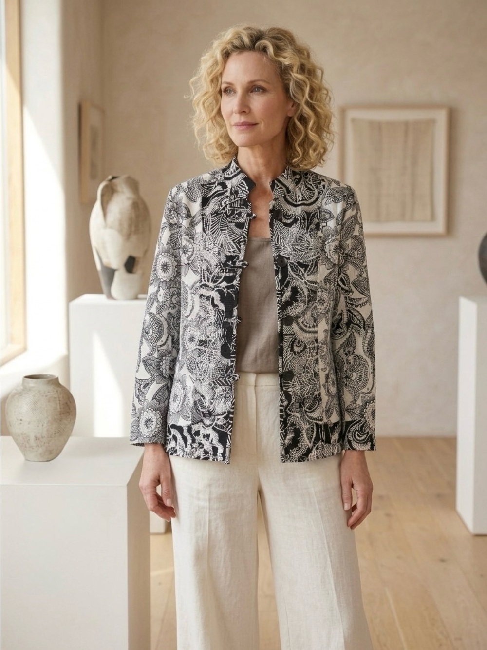 Chico's Black and White Floral Embroidered Lightweight Jacket